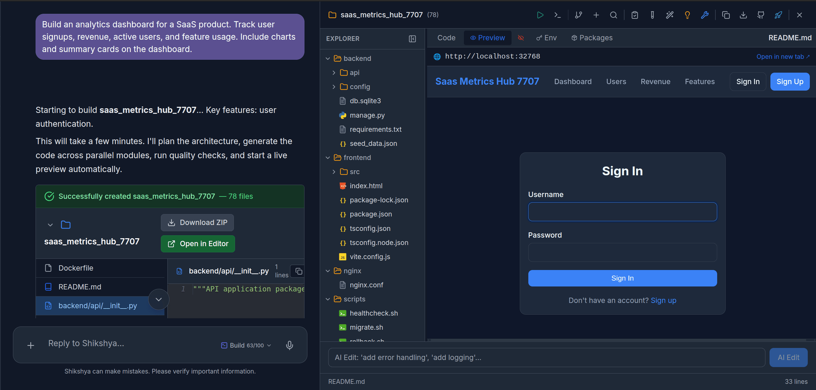 Shikshya IDE showing a generated SaaS Metrics Dashboard with prompt, file tree, and live preview