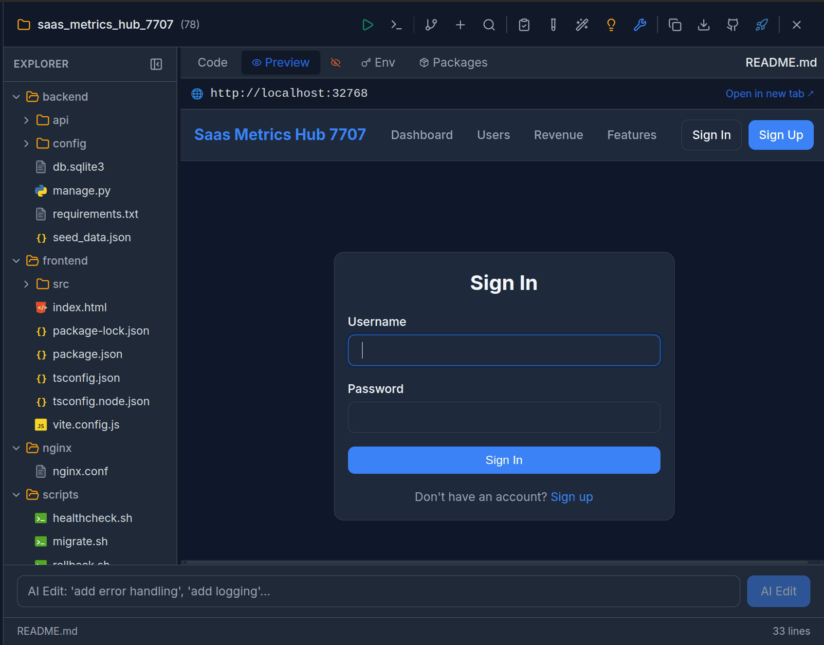 Live preview of the generated application running with navigation and auth