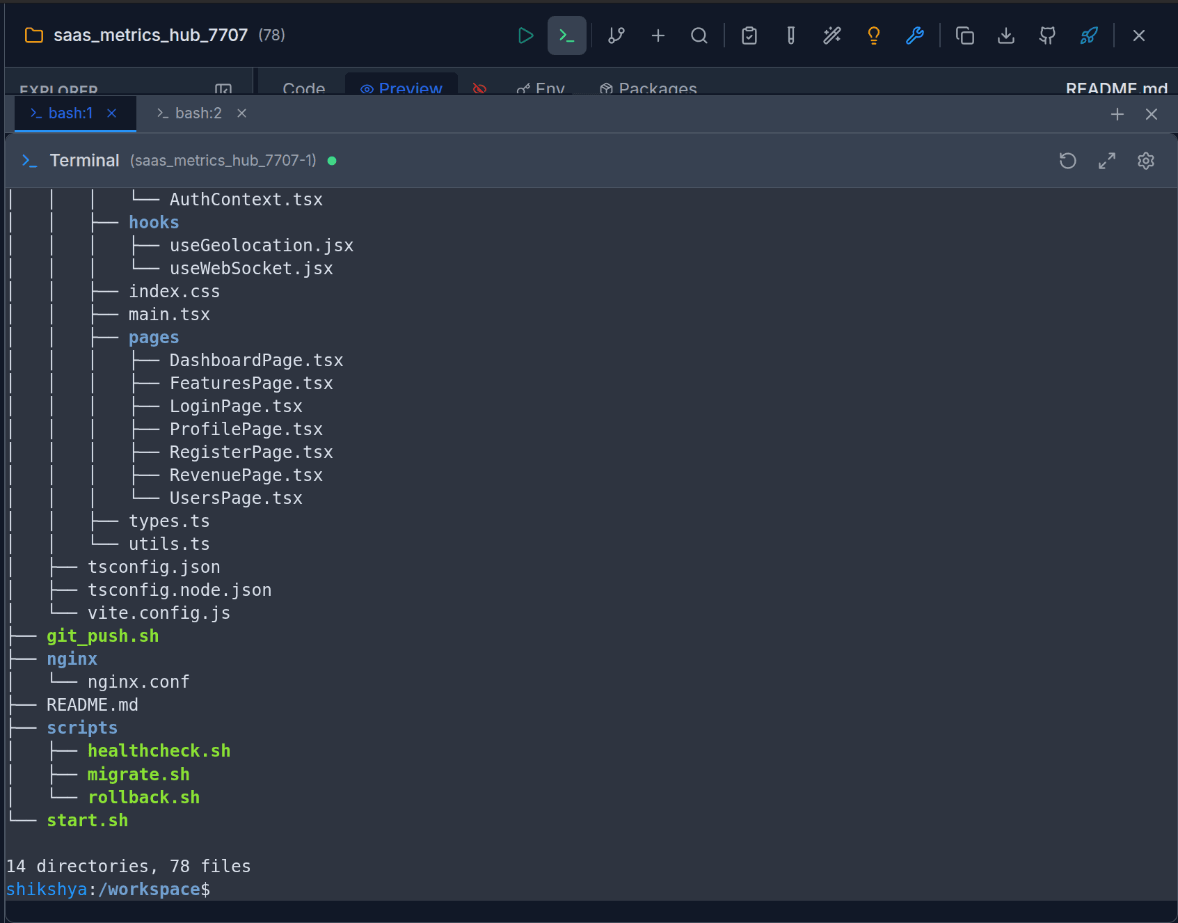 Terminal showing generated project structure: 14 directories, 78 files